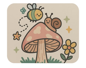 Whimsical Mushroom Mouse Pad - Cute Snail & Bee Design, Office Decor, Unique Gift for Nature Lovers, Desk Accessory, Home Office