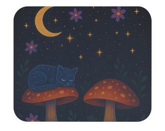 Rectangle Mouse Pad, Galaxy Cat Sleeping on Mushroom at Night, Desk Mat, Computer Accessories, Cute Kitten Office Decor, Dorm Room Gift