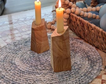 Geometric Wooden Candle Holders Set of 2, Modern Rustic Taper Candle Holders, Farmhouse Table Decor, Handmade Wood Gift