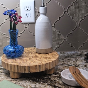 Rustic Chevron Trivet Riser | Salvaged Pine Countertop Tray | 10&quot; Round Plant Stand | Bathroom or Kitchen Decor Stand | Farmhouse Wood Tray