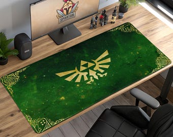 Zelda Galaxy Crest Mouse Pad - Triforce Symbol Emerald Desk Mat, Fantasy Green Gaming Setup, Hylian Hero Fan Gift
