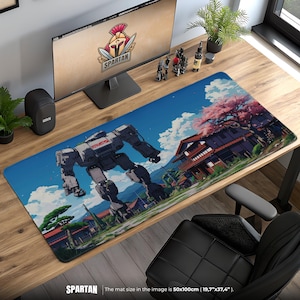メカロボットマウスパッド - 静かな日本の村の風景に描かれた未来的なメカ、アニメ＆SFファンのためのサイバーパンクデスクマット