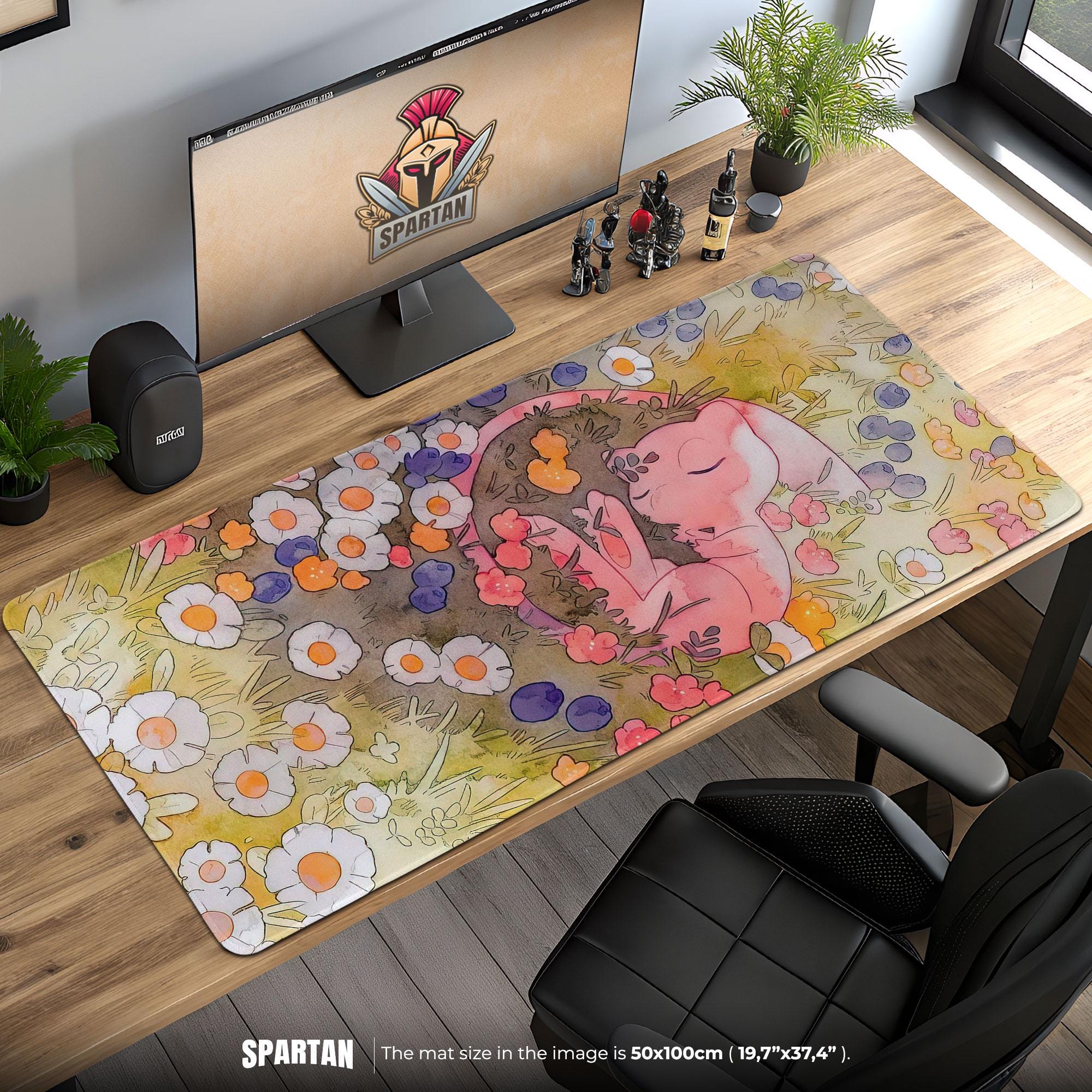 Sleeping Mewtwo Mouse Pad – Watercolor Floral Legendary Pokémon Art, Gentle Gaming Desk Mat, Pastel Anime Gift Decor