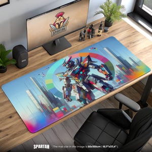 Abstract Mecha Robot Mouse Pad - Colorful Sci-Fi Mech Desk Mat with Futuristic City Art, Anime Gamer Gift, Cyber Decor