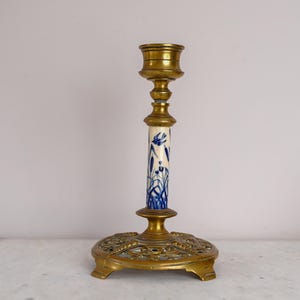 Vintage Brass Candlestick with Blue and White Ceramic Insert, Ornate Decorative Candle Holder, Antique Delft Style Table Lighting