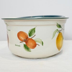 May include: Off-white ceramic bowl with a green rim and interior. The bowl is decorated with illustrations of apricots, lemons, and apples. The word "Apricots" is written below the apricot illustration.