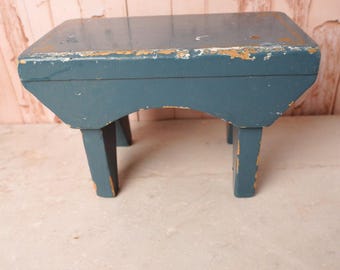 Vintage Blue Wooden Footstool | Small Painted Step Stool | Rustic Scandinavian Decor | Chippy Folk Style Display Stand