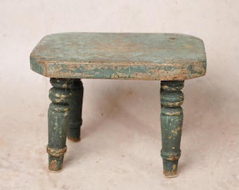 Vintage Green Painted Wooden Stool | Primitive Rustic Folk Art Turned Legs Stand | Distressed Patina Country House Decorative Antique Seat