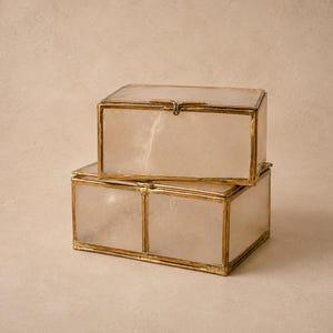 Vintage mother-of-pearl trinket boxes | brass framed shell boxes | iridescent jewellery storage | coastal décor | collectible vanity box