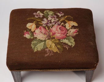 Vintage Floral Needlepoint Footstool | Brown Tapered Wooden Legs | Tapestry Fireside Stool | Decorative Bedroom Cottage Style Old Seat