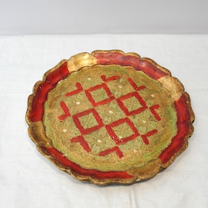 Vintage Italian Florentine Papier-Mâché Tray | Red Hand-Painted Gold Leaf Serving Plate | 1950s–70s Italian Home Decor