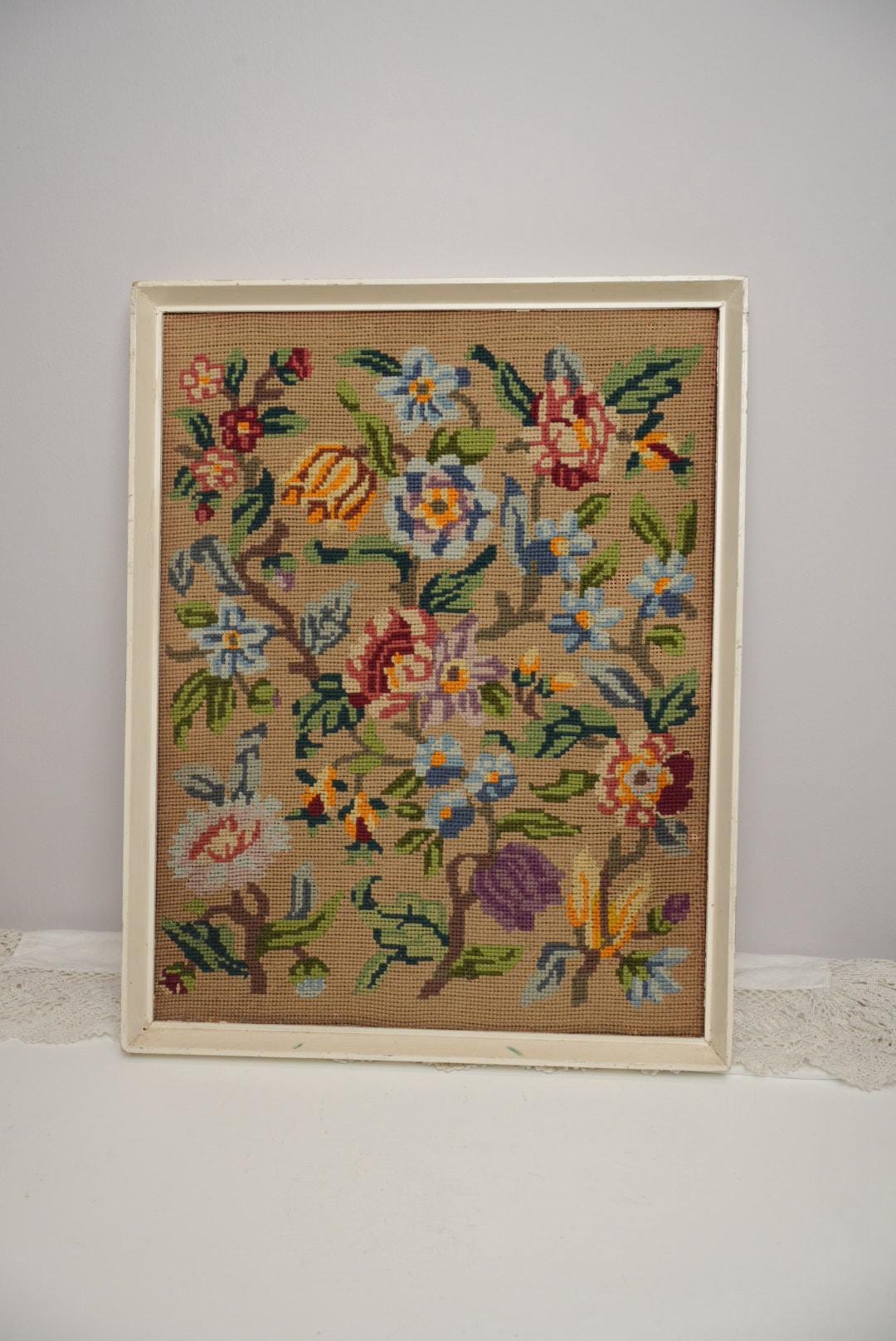 Large Vintage Framed Needlepoint | Hand Stitched Wall Art | Rustic ...