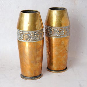 Pair of Vintage Brass Vases | Likely Trench Art Shell Casings with Floral Band | Early 20th Century European Decor