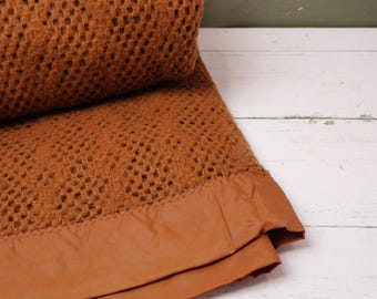 Vintage 1970s Brown Wool Blend Cellular Blanket | 200 x 215 cm Retro Textured Throw | Mid Century Bedspread