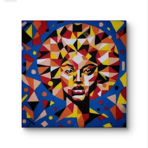 Ritratto geometrico, volto astratto dai colori vivaci – Acrilico su tela – 30 x 30 cm – Decorazione murale moderna