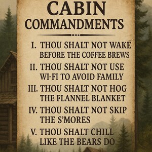 May include: A rustic-themed sign with the text "CABIN COMMANDMENTS" in bold letters. The sign lists five cabin rules, including not waking before coffee and chilling like bears. The background features a cabin and forest scene.