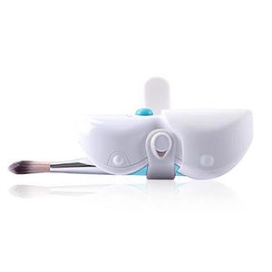 May include: A white makeup brush with a blue and white retractable case. The brush is made of soft bristles and is designed for applying makeup.