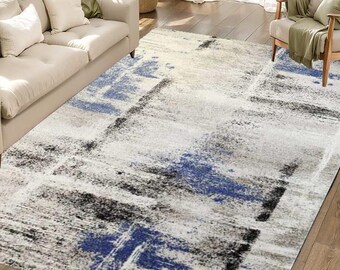 Art-Inspired Modern Rug – Abstract Expressionist Style in Grey, Blue, and Black Hues– Artistic Minimalist Carpet for Stylish Interiors