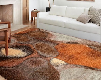 Earthy Modern Art Rug – Area Carpet in Burnt Orange & Brown - Contemporary Earth-Inspired Rug – Warm Toned Abstract Wool Floor Covering