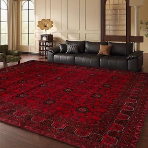 Red Oriental Rug - Traditional Afghan Style Carpet - Hand-Knotted Look Area Rug - Vintage Boho Floor Decor