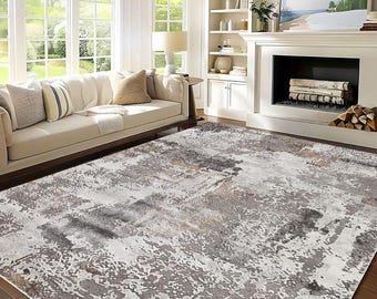 Modern Abstract Washable Rug – Neutral Grey Beige Carpet – Contemporary Area Rug
