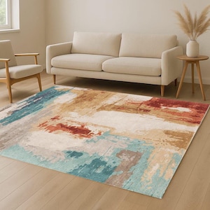 Abstract Modern Area Rug – Turquoise Rust Beige Art-Inspired Living Room Carpet– Painterly Abstract Area Rug in Earthy Tones