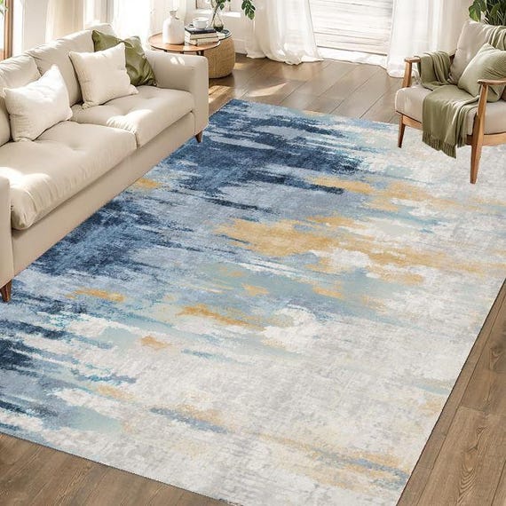 Modern Abstract Rug - Blue Gray Gold Area Rug - Modern Modern Abstract Rug - Blue Gray Gold Area Rug - Modern