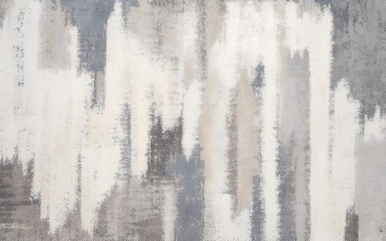 May include: Abstract rug with a vertical brushstroke design in shades of white, gray, and beige. The rug's pattern creates a textured appearance, suitable for various interior styles.