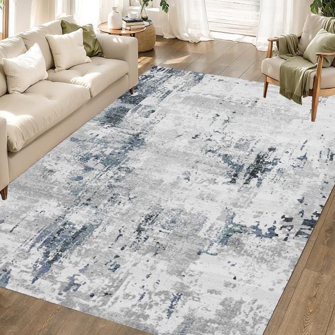 Steel Gray Abstract Rug Modern Abstract Rug Gray Blue - Washable Area Rug - Contemporary Living ...