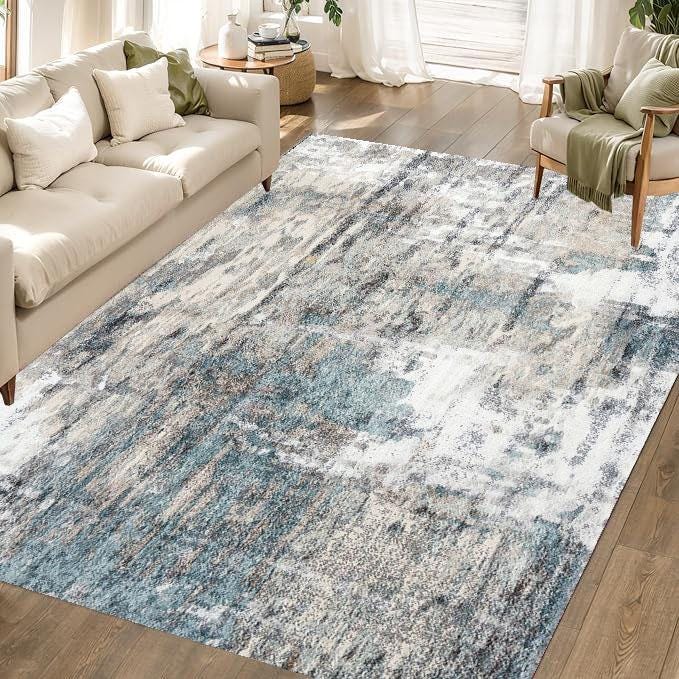 Modern Abstract Area Rug – Blue Beige Gray Rug – Contemporary Living ...