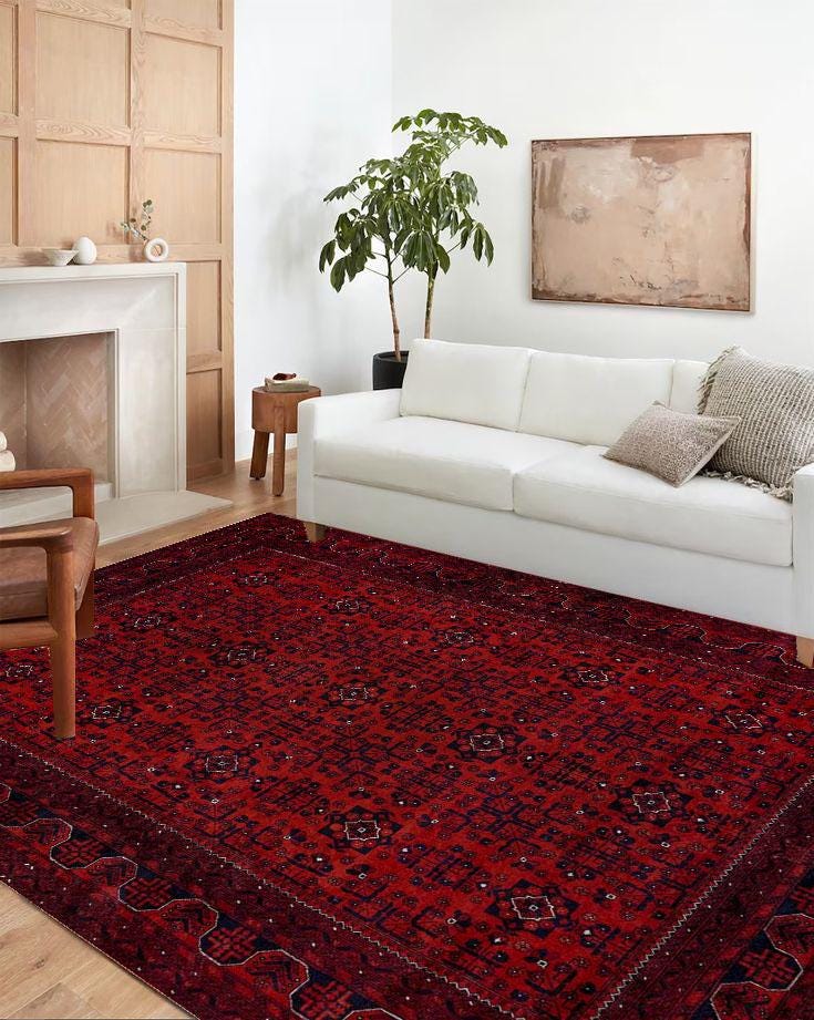 Red Oriental Rug - Traditional Afghan Style Carpet - Vintage Boho Floor ...