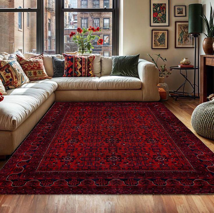 Red Oriental Rug - Traditional Afghan Style Carpet - Vintage Boho Floor ...