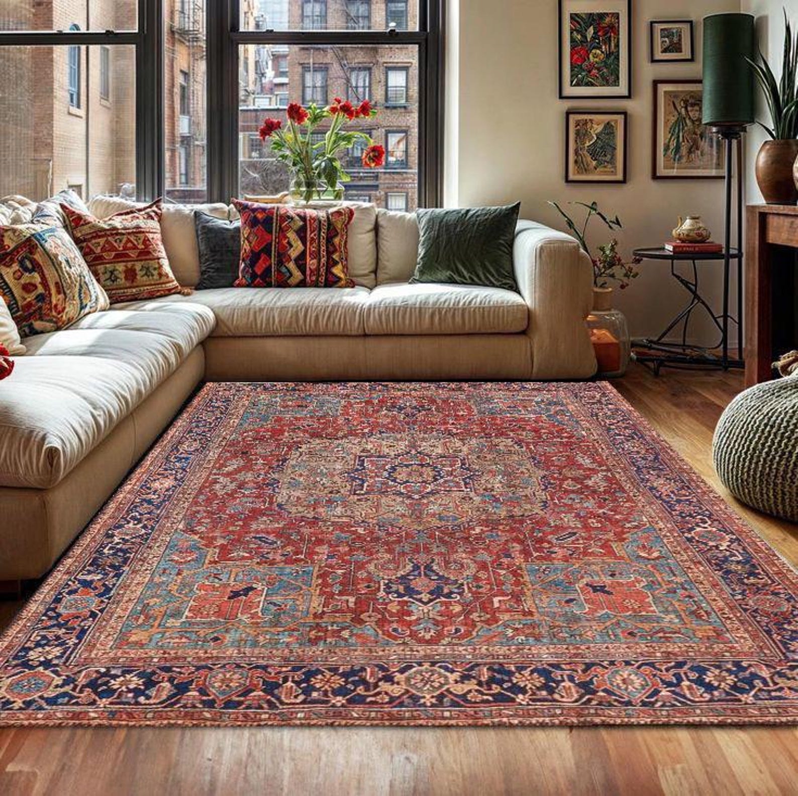 Vintage Heriz Rug – Red and Blue Oriental Carpet – Boho Home Decor Rug ...