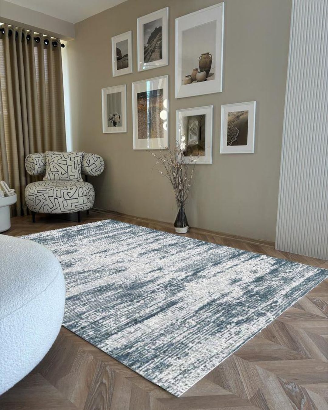 Modern Abstract Area Rug: Blue Gray Distressed Washable Carpet - Etsy