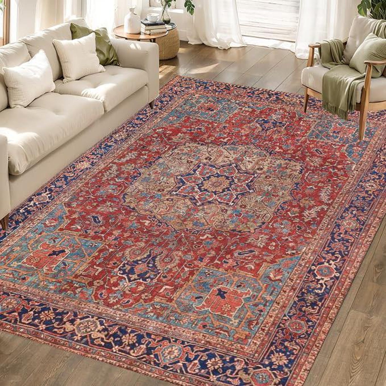 Vintage Heriz Rug – Red and Blue Oriental Carpet – Boho Home Decor Rug ...