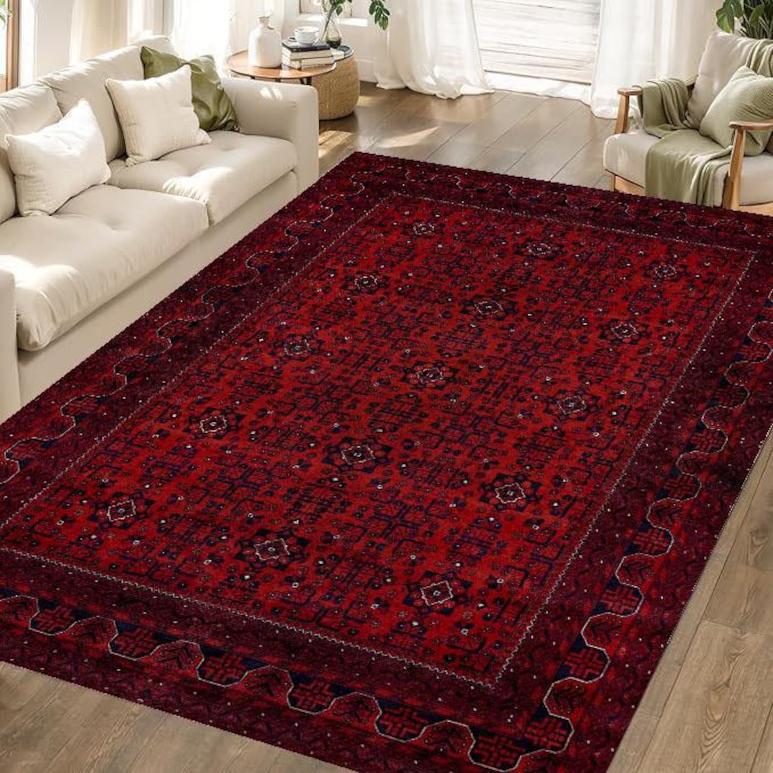 Red Oriental Rug - Traditional Afghan Style Carpet - Vintage Boho Floor ...