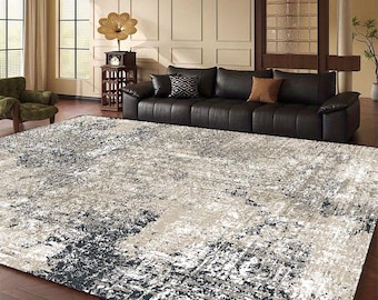 Neutral Beige & Gray Abstract Carpet for Living Room Decor - Neutral Abstract Rug – Large Modern Living Room Carpet with Worn Pattern