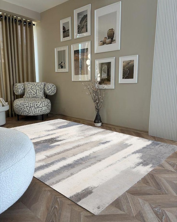 Modern Abstract Beige Rug – Neutral Tone Area Carpet in Soft Grey & Taupe – Minimalist Decor for Living Room or Bedroom