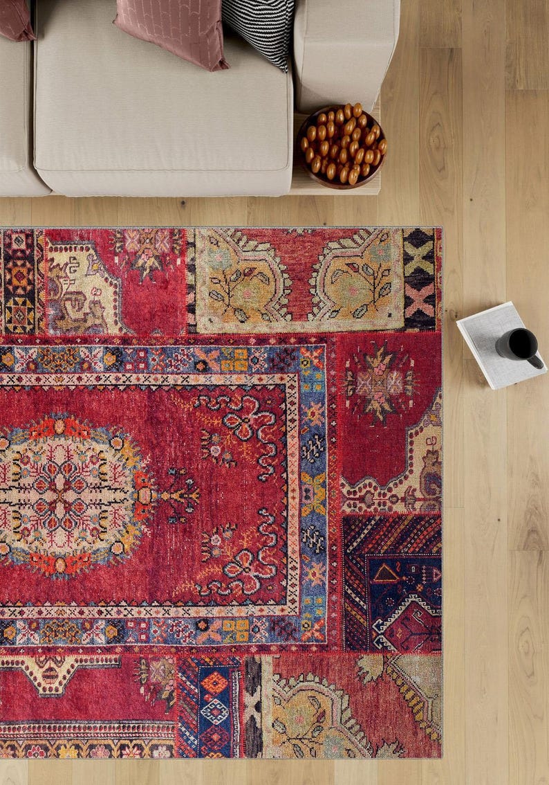 Vintage Patchwork Turkish Rug , Red Oriental Carpet Design, Bohemian ...