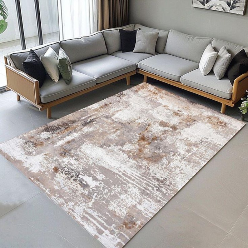 Neutral Abstract Rug – Beige & Rust Modern Style Area Rug, Textured ...