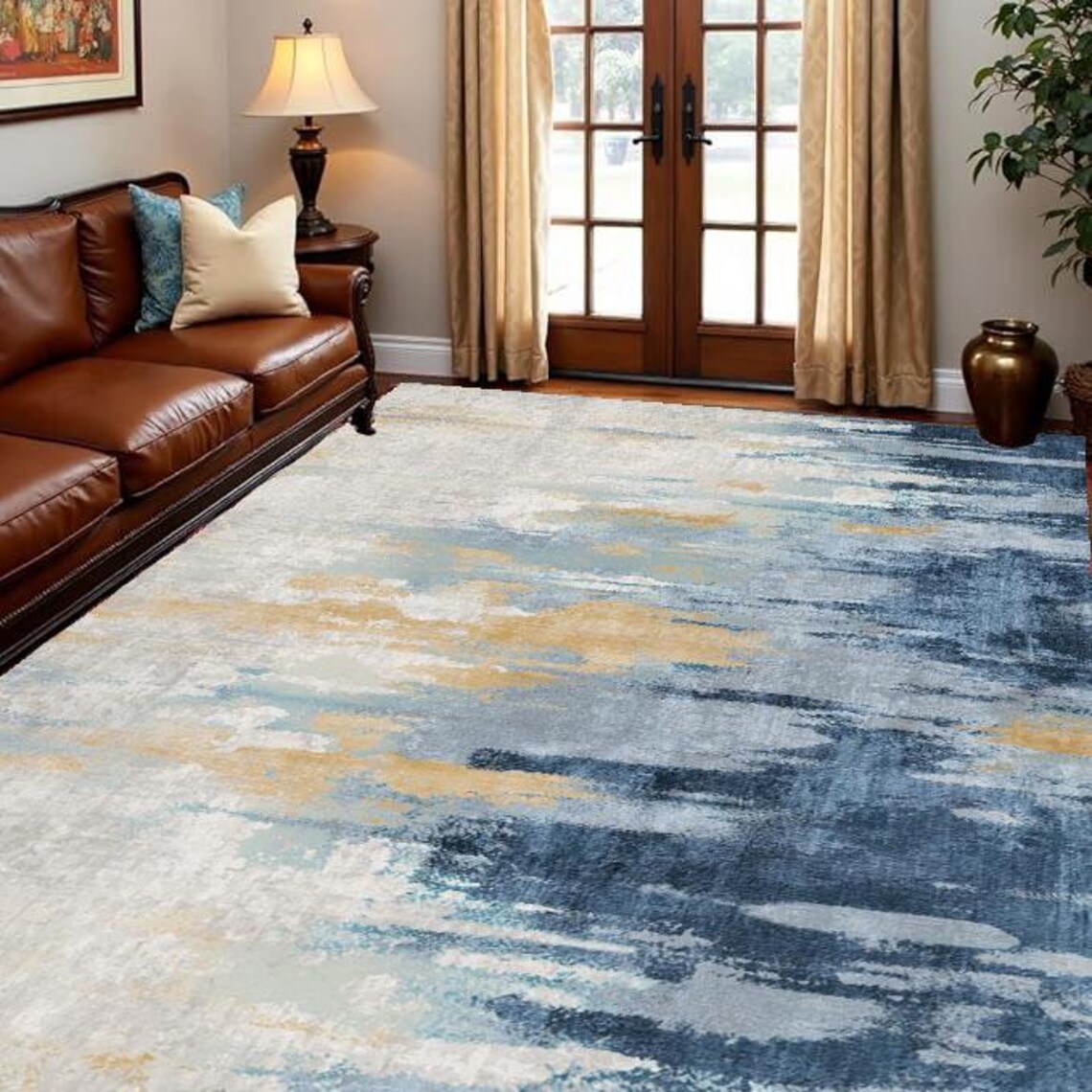 Modern Abstract Rug - Blue Gray Gold Area Rug - Modern Living Room ...