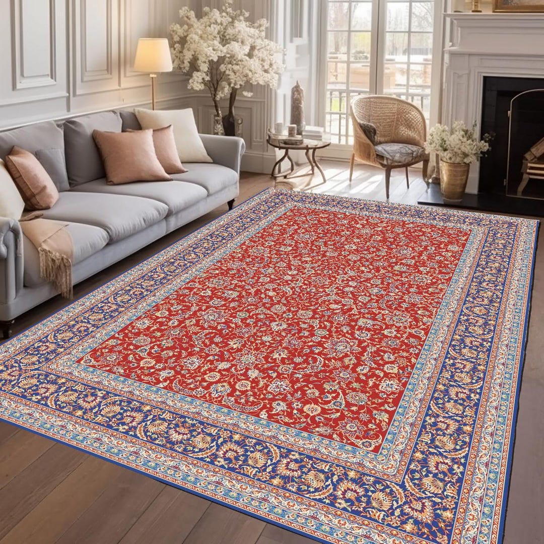 Red Persian Style Area Rug With Blue Border – Rich Red & Navy Botanical ...