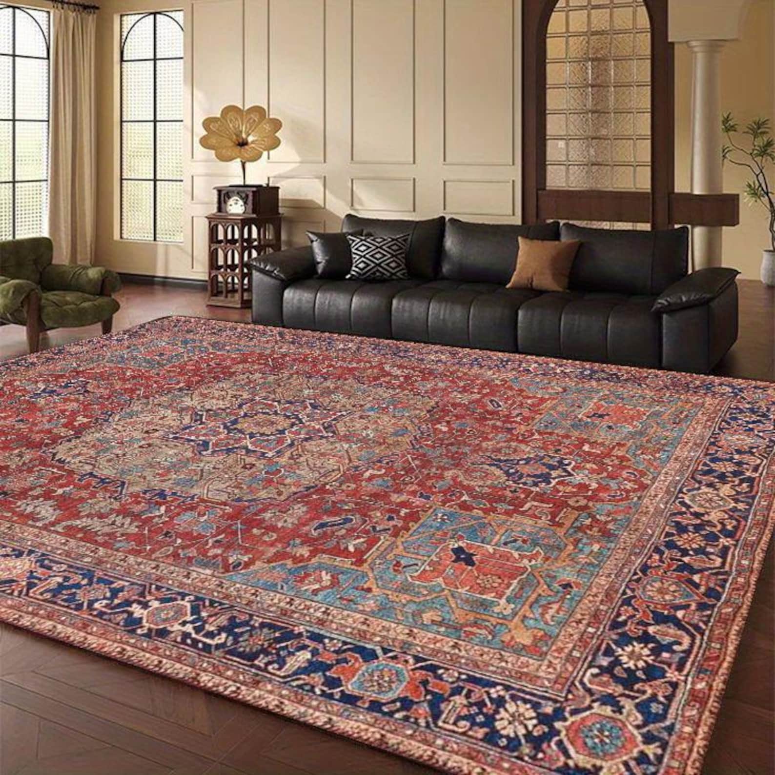 Vintage Heriz Rug – Red and Blue Oriental Carpet – Boho Home Decor Rug ...