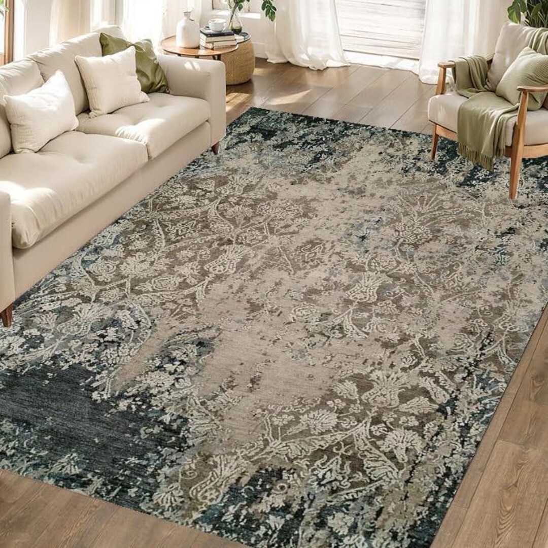 Faded Damask Pattern Rug – Rustic Persian Style Area Carpet, Beige ...