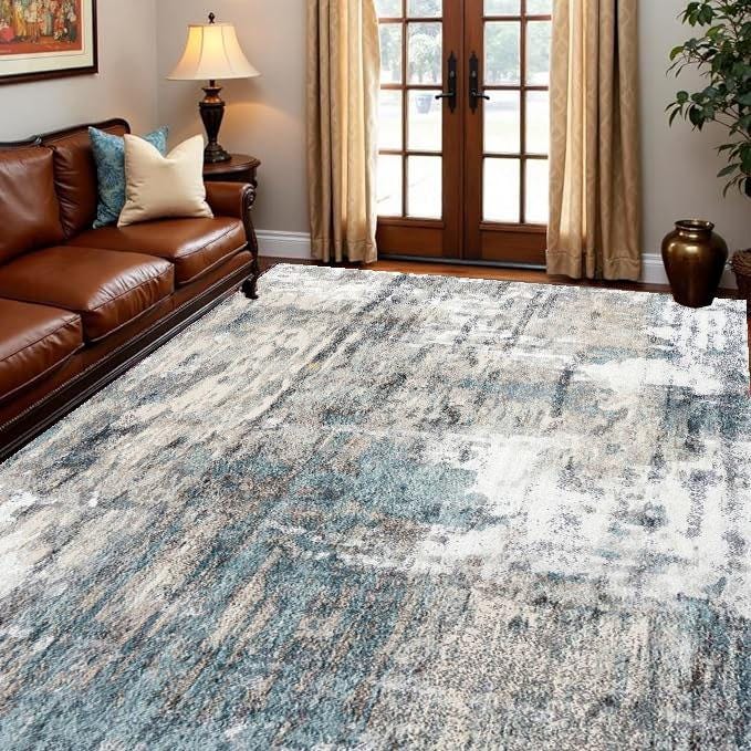 Modern Abstract Area Rug – Blue Beige Gray Rug – Contemporary Living ...