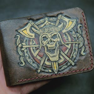 Handmade Leather Wallet | Skull Gothic Biker Wallet for Men | Unique Halloween Gift for Him | Punk Rock Male Accessory