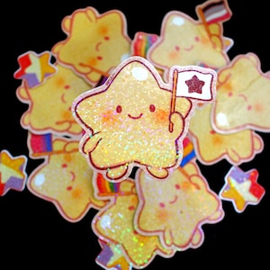 Pegatina del Orgullo de Lil Star Scout: adorable pegatina de vinilo con estrella y bandera, pegatina personalizada de la bandera del Orgullo LGBTQ+, personaje estrella kawaii con purpurina.