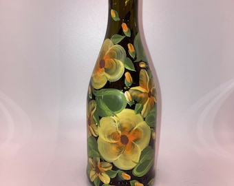 Hand Painted Glass Lighted Wine Bottle - SMALL - Spring Garden - Yellow