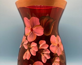 Hand Painted Glass Vase - Buds and Blossoms on Red Glass