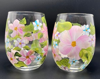 Hand Painted Stemless Wine Glass - Spring Garden Purple with Violets. Set of 2